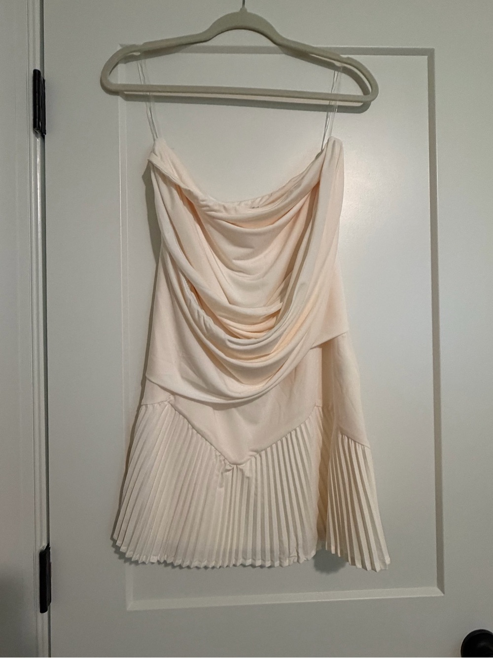 Meshki Cream Cowl Neck Mini Dress with Pleated Hem